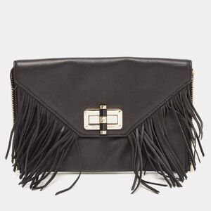 DVF Black Leather Folio Clutch with Fringe & Turnlock Closure Card Slots Flap
